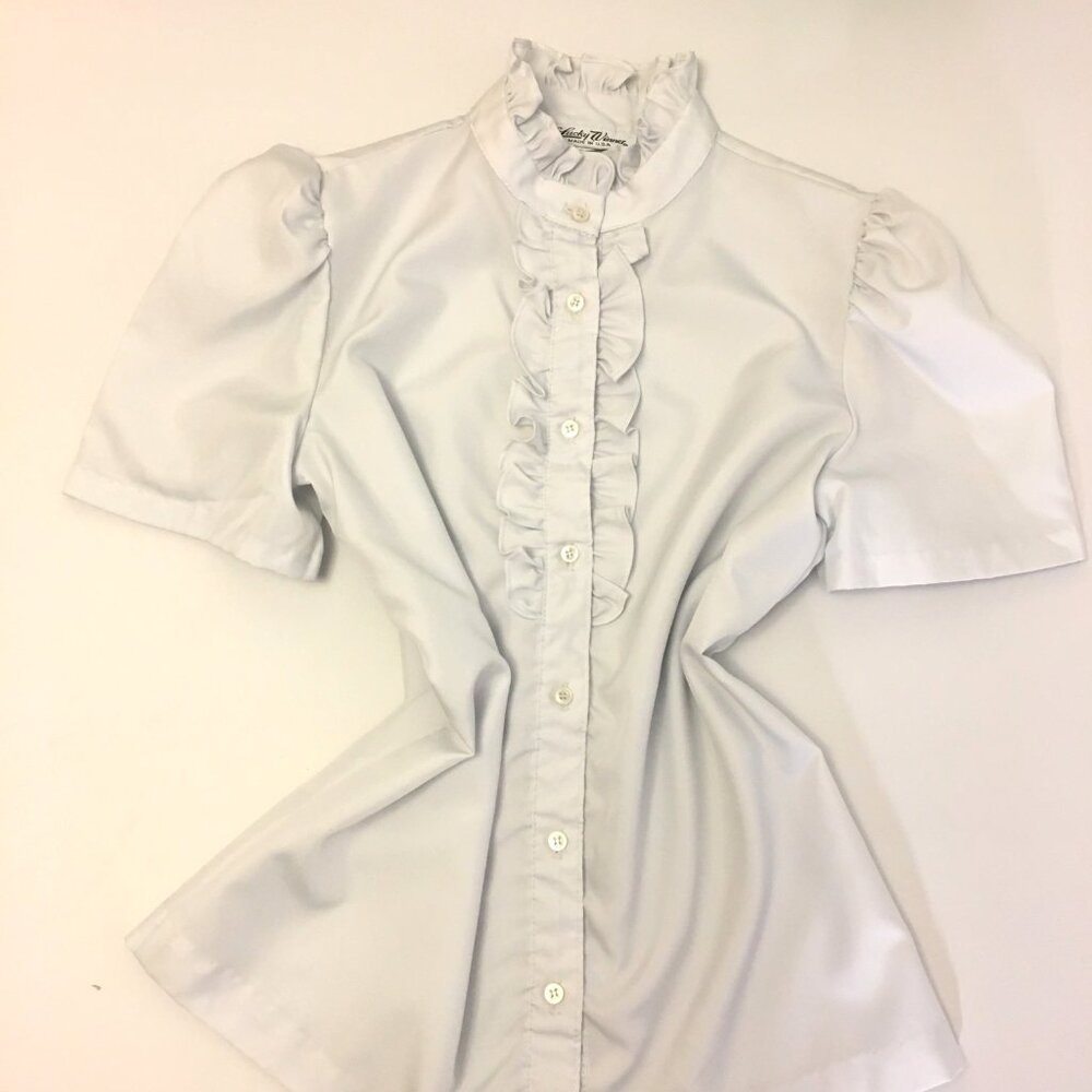 Vintage 80s High Ruffle Neck Blouse Cottagecore Tuxedo Ruffle Puff Sleeve  (IB)